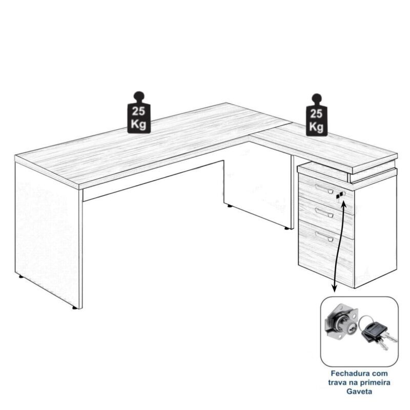 Mesa Escritório em “L” c/ Gaveteiro 1,70×1,60m NOGAL SEVILHA/PRETO – 21423 Móveis Única Linha 40 mm 7