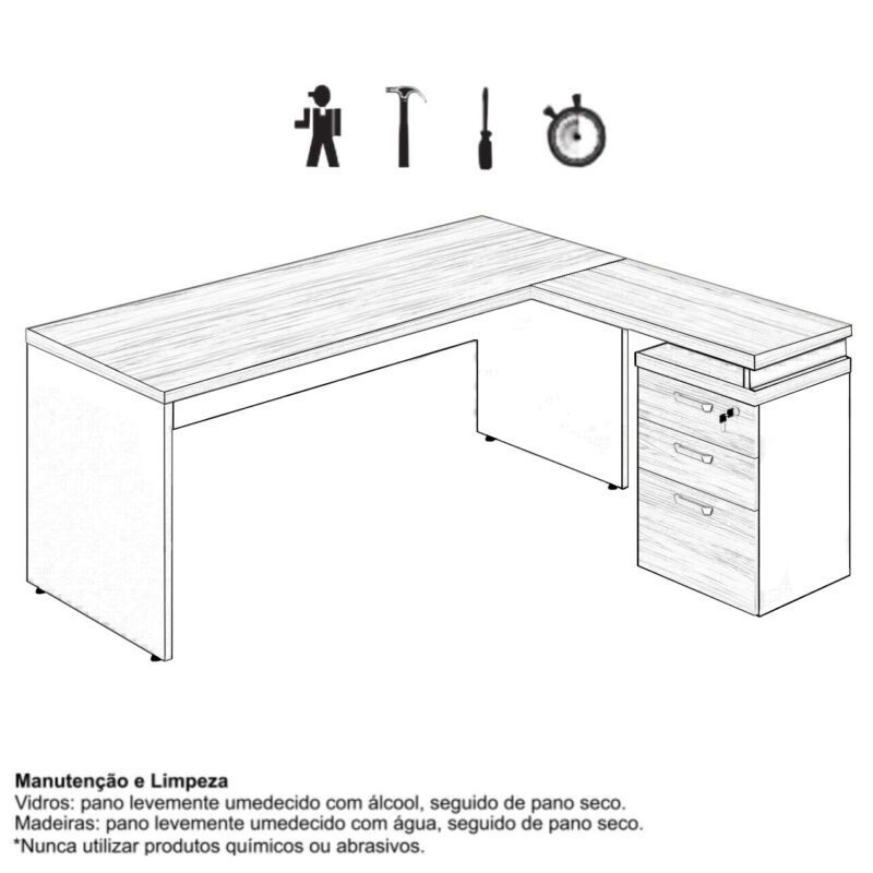 Mesa Escritório em “L” c/ Gaveteiro 1,70×1,60m NOGAL SEVILHA/PRETO – 21423 Móveis Única Linha 40 mm 8