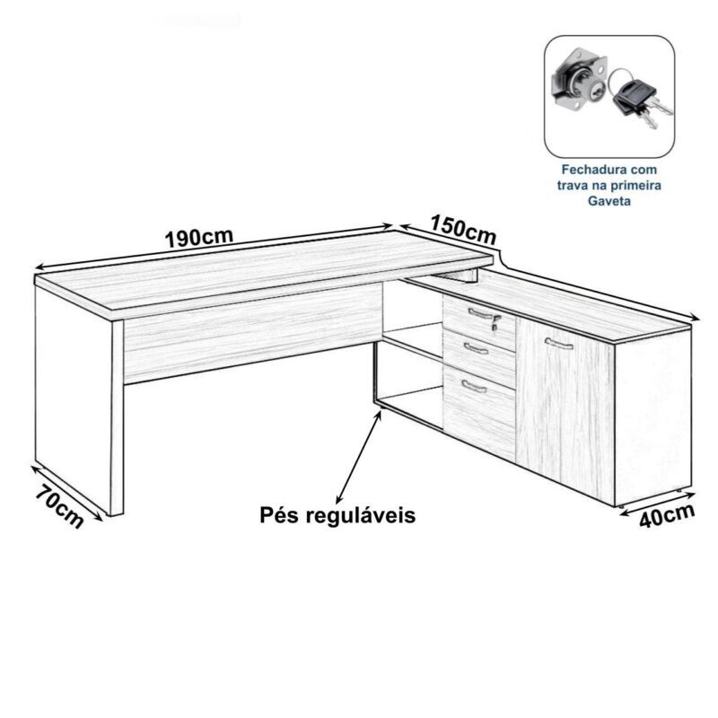 Mesa Diretorzinha c/ Aparador – Pé de MADEIRA – 1,90×1,50mNOGAL SEVILHA / PRETO – 21426 . Móveis Única Linha 40 mm 3