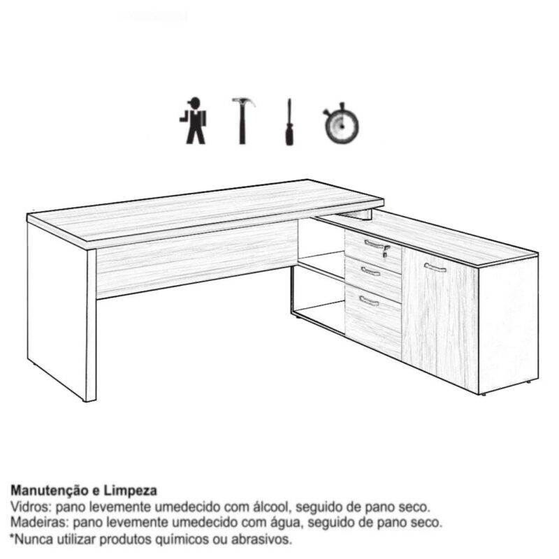 Mesa Diretorzinha c/ Aparador – Pé de MADEIRA – 1,90×1,50mNOGAL SEVILHA / PRETO – 21426 . Móveis Única Linha 40 mm 5