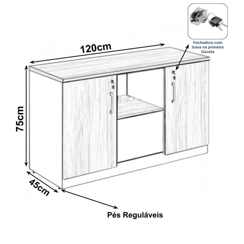 Armário Baixo Credenza – 1,20×0,74X0,45m NOGAL SEVILHA/PRETO – 21412 Móveis Única Linha 40 mm 3