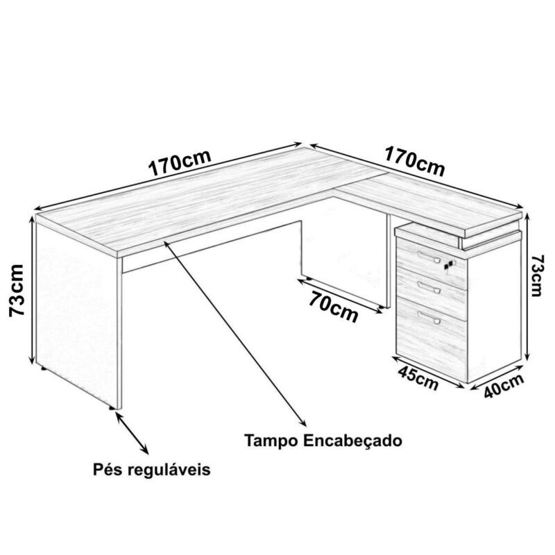 Mesa Escritório em “L” c/ Gaveteiro 1,70×1,60m Marsala/Preto – 23481 Móveis Única Linha 30 mm 3