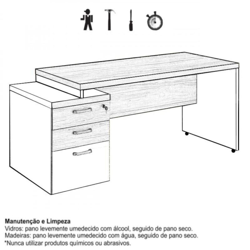 Mesa PEDESTAL RETA (03 Gavetas) 1,92X0,70m Marsala/Preto – 23485 Móveis Única Linha 30 mm 5