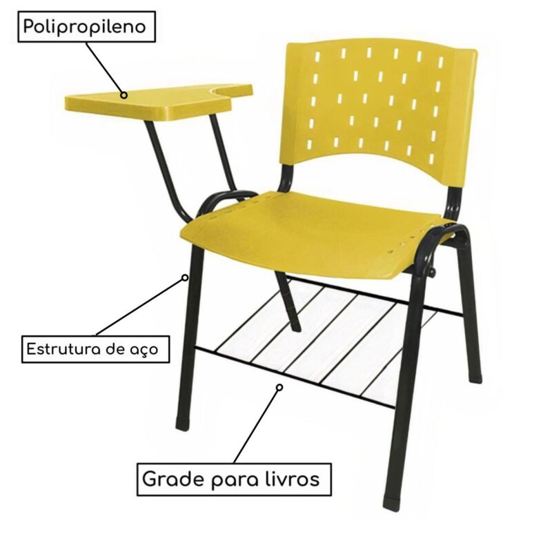 Cadeira Universitária PRANCHETA PLÁSTICA com Porta Livros – Cor Amarelo 32021 Móveis Única Carteira Escolar 3