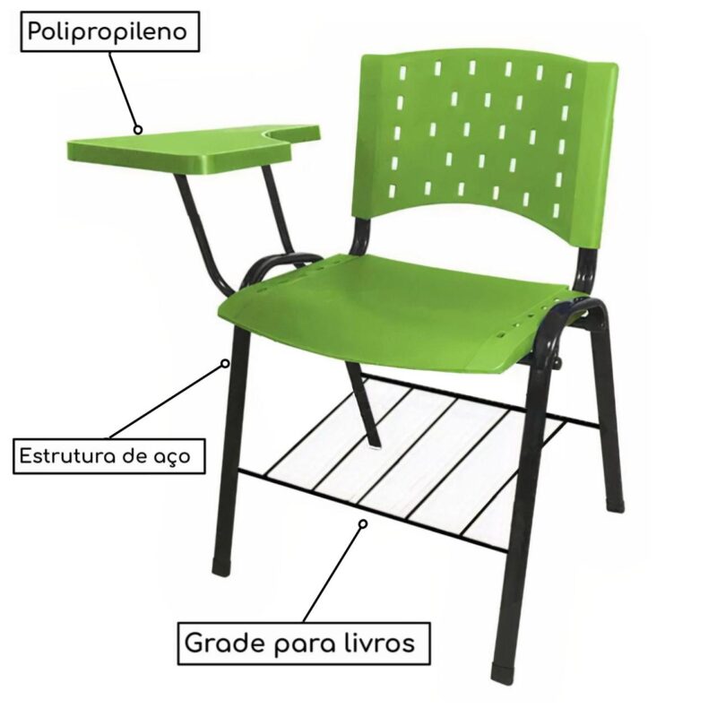 Cadeira Universitária PRANCHETA PLÁSTICA com Porta Livros – Cor Verde 32023 Móveis Única Carteira Escolar 3