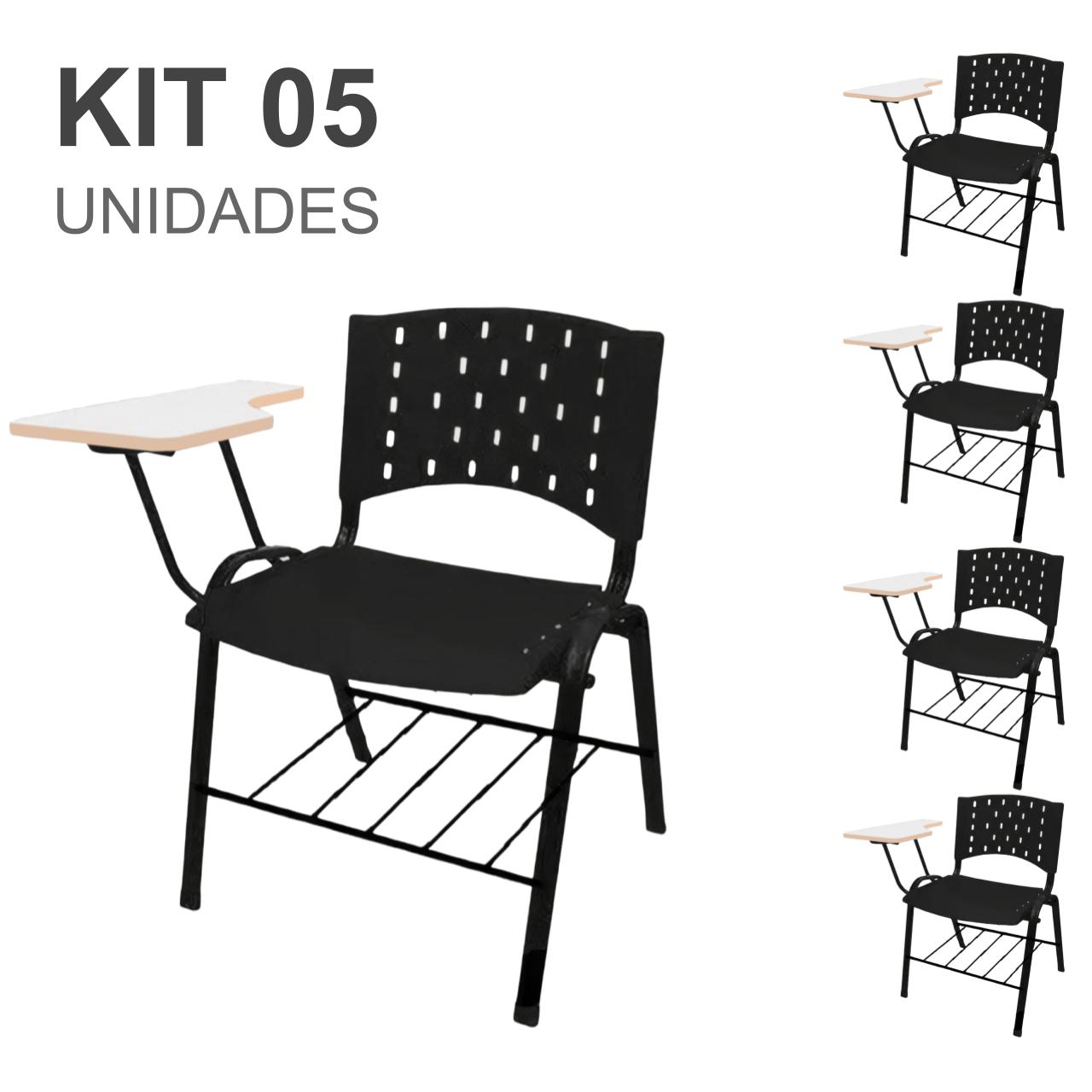 KIT 05 Cadeiras Universitárias com Prancheta MDF e Porta Livros – Cor Preto – REAPLAST – 33013 Móveis Única Carteira Escolar