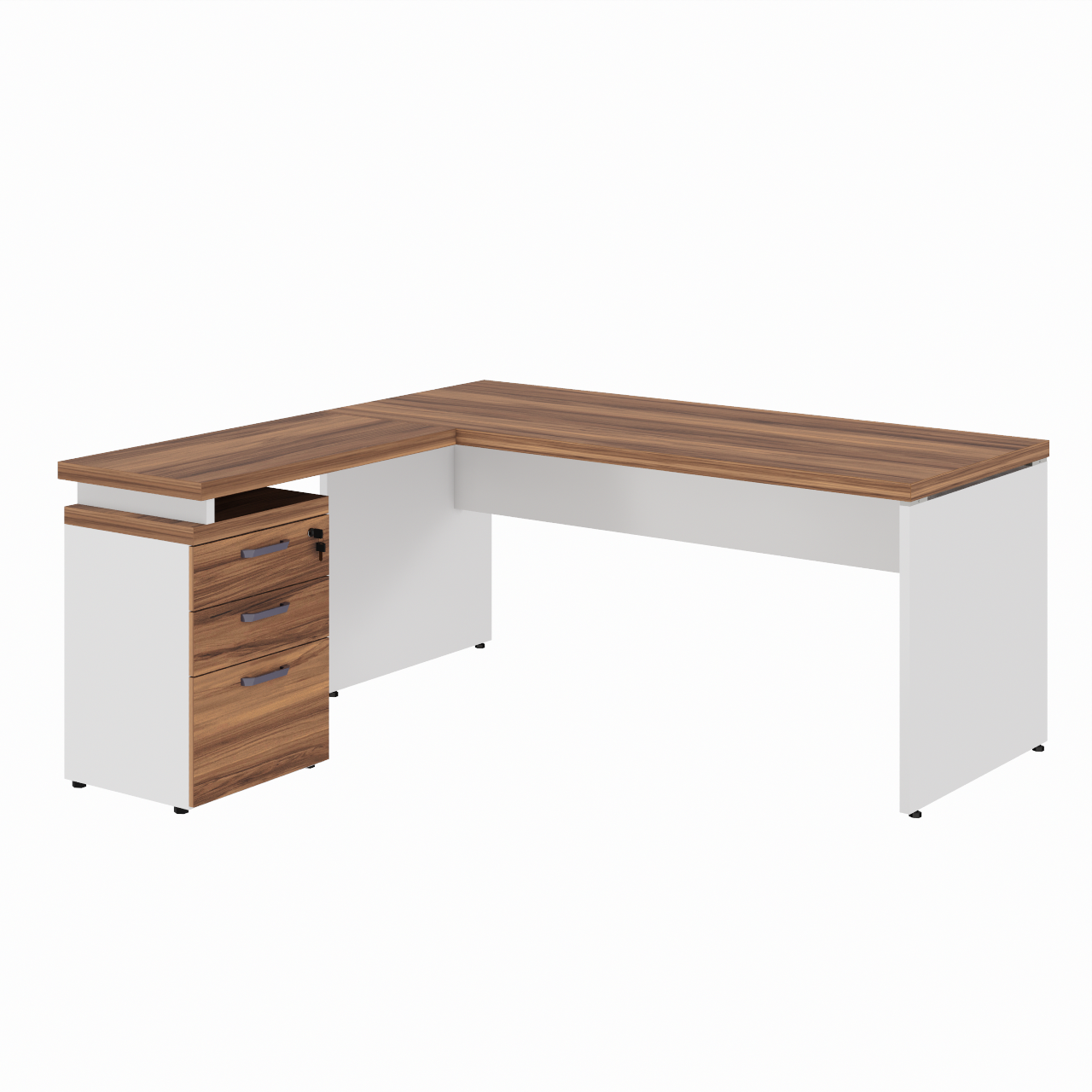 Mesa Escritório em “L” c/ Gavetão na Auxiliar 1,50×1,50m – WORK START – NOGAL SEVILHA/BRANCO – 34327 Móveis Única Linha 40 mm Nogal – Branco