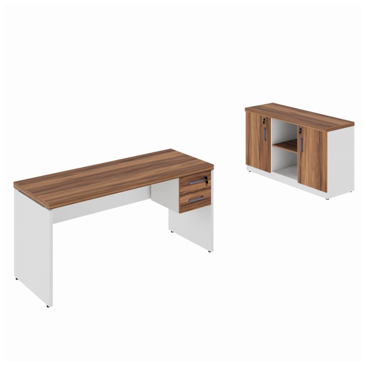 Kit Mesa Escritório 1,70×0,60m c/ Gavetas + Armário Baixo Credenza – WORKSTART – NOGAL SEVILHA/BRANCO – 34335 Móveis Única Linha 40 mm Nogal – Branco