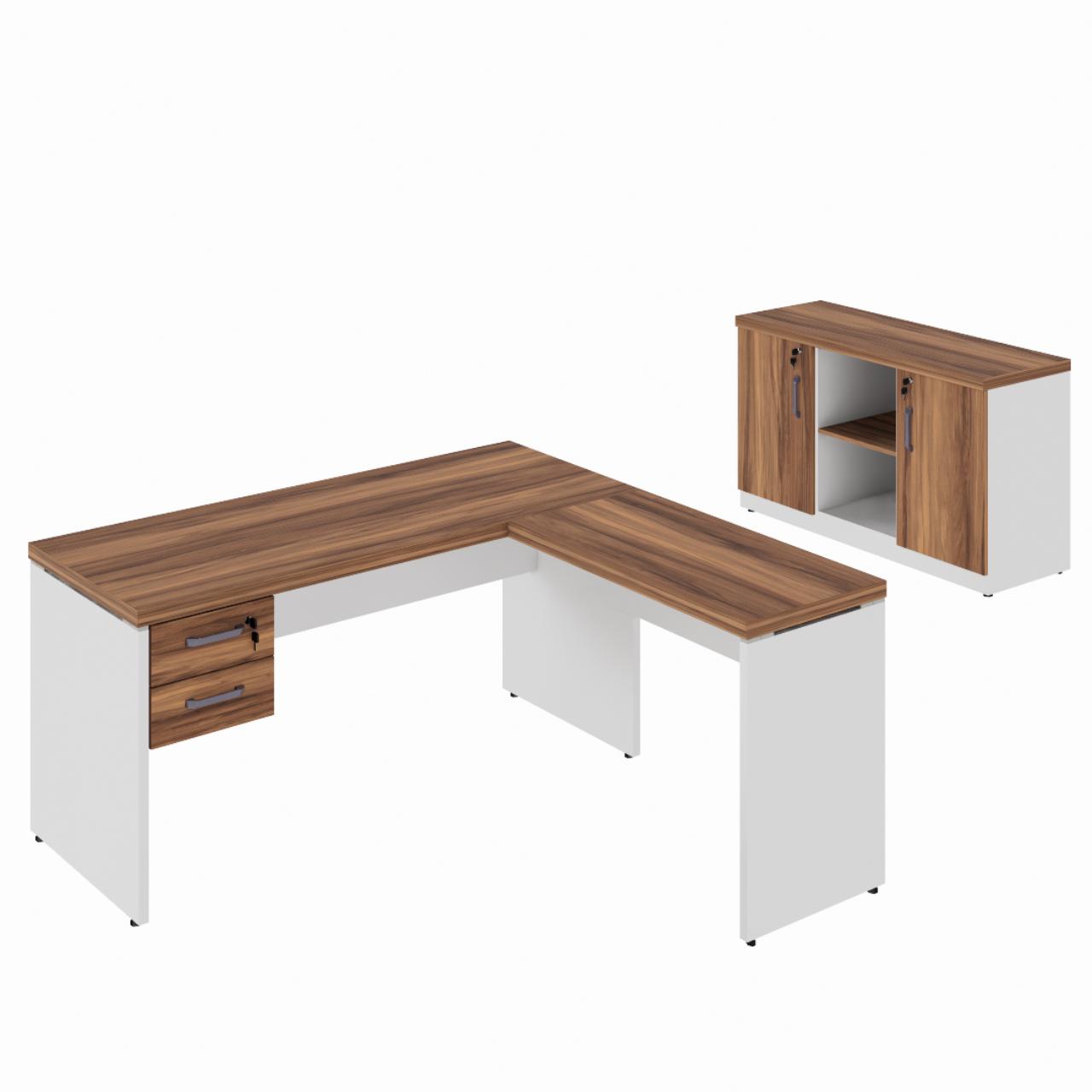 Kit Mesa Escritório em “L” 1,50×0,60m c/ Gavetas + Armário Baixo Credenza – WORKSTART – NOGAL SEVILHA/BRANCO – 34337 Móveis Única Linha 40 mm Nogal – Branco