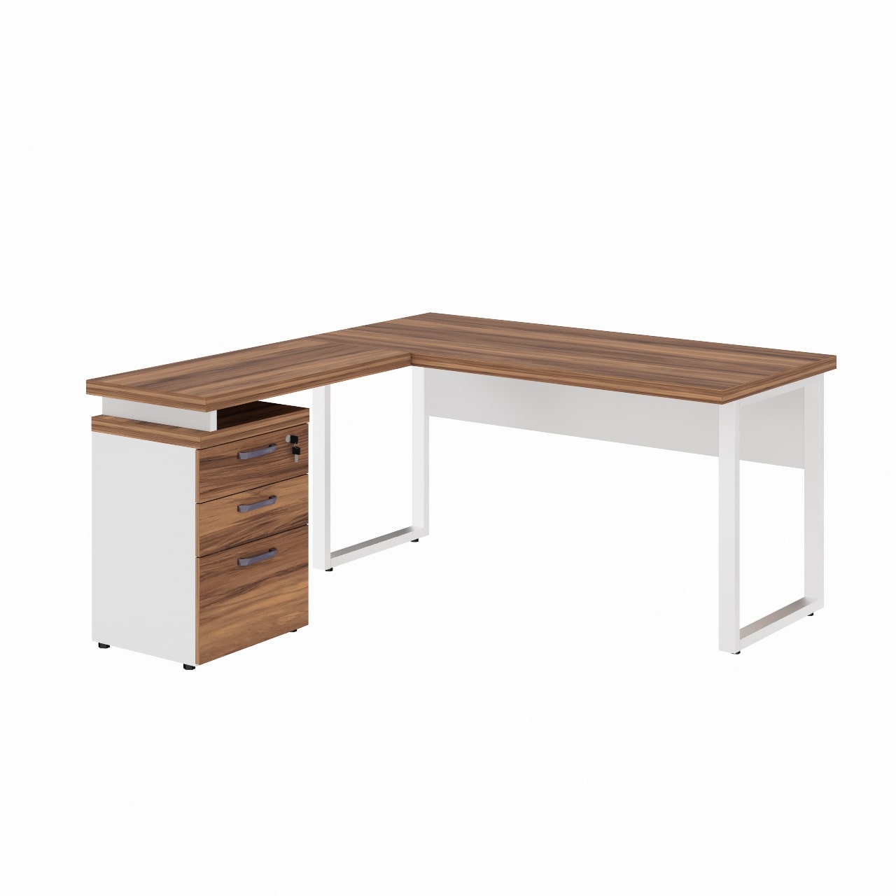 Mesa Escritório em “L” c/ Gaveteiro 1,70×1,60m NOGAL SEVILHA/BRANCO – 34340 Móveis Única Linha 40 mm Nogal – Branco