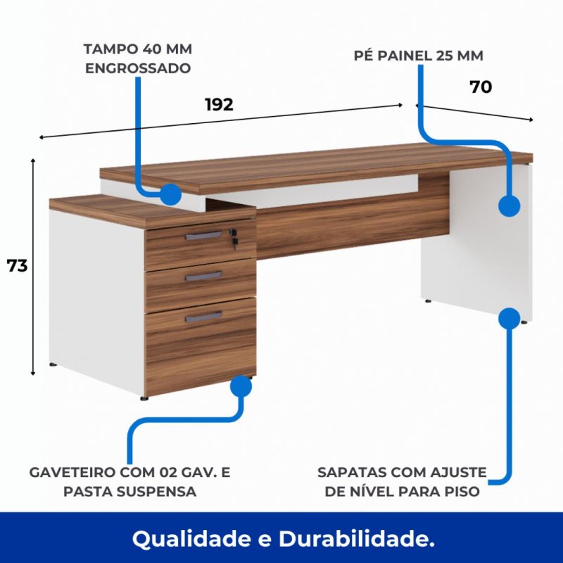 Mesa PEDESTAL RETA (03 Gav.) – 1,92X0,70m – WORKSTART – NOGAL SEVILHA/BRANCO- 34405 Móveis Única Linha 40 mm Nogal – Branco 6