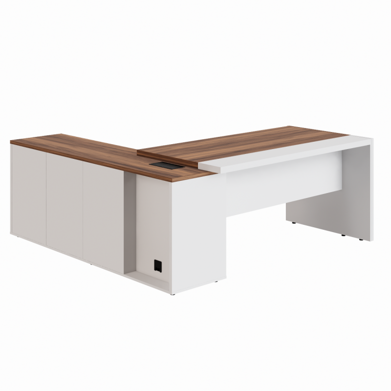 Mesa Escritório PRESIDENTE c/ Armário Pedestal – 1,82×1,80m – NOGAL SEVILHA/BRANCO – 34602 Móveis Única Linha 40 mm Nogal – Branco 2