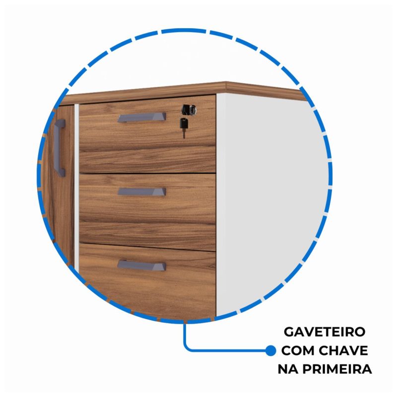Mesa Escritório PRESIDENTE c/ Armário Pedestal – 1,82×1,80m – NOGAL SEVILHA/BRANCO – 34602 Móveis Única Linha 40 mm Nogal – Branco 6