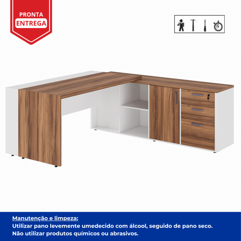 Mesa Escritório PRESIDENTE c/ Armário Pedestal – 1,82×1,80m – NOGAL SEVILHA/BRANCO – 34602 Móveis Única Linha 40 mm Nogal – Branco 4