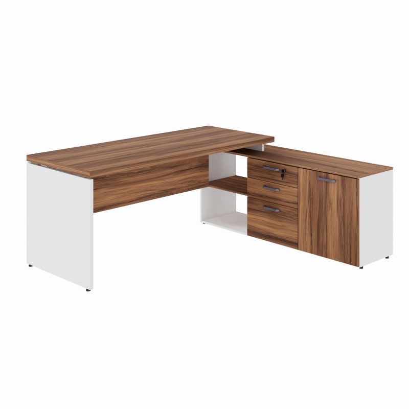 Mesa Diretorzinha c/ Aparador – Pé de MADEIRA – 1,90×1,50m – NOGAL SEVILHA / BRANCO – 34426 Móveis Única Linha 40 mm Nogal – Branco 3