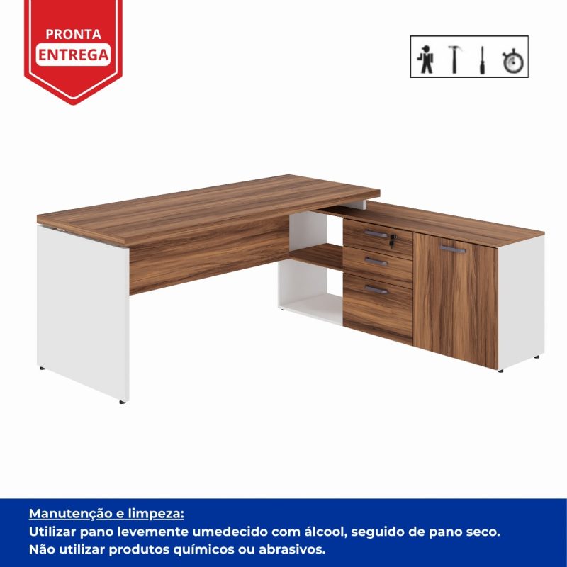 Mesa Diretorzinha c/ Aparador – Pé de MADEIRA – 1,90×1,50m – NOGAL SEVILHA / BRANCO – 34426 Móveis Única Linha 40 mm Nogal – Branco 9