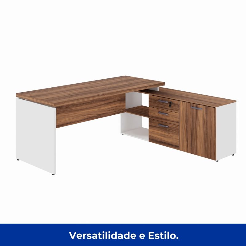 Mesa Diretorzinha c/ Aparador – Pé de MADEIRA – 1,90×1,50m – NOGAL SEVILHA / BRANCO – 34426 Móveis Única Linha 40 mm Nogal – Branco 4