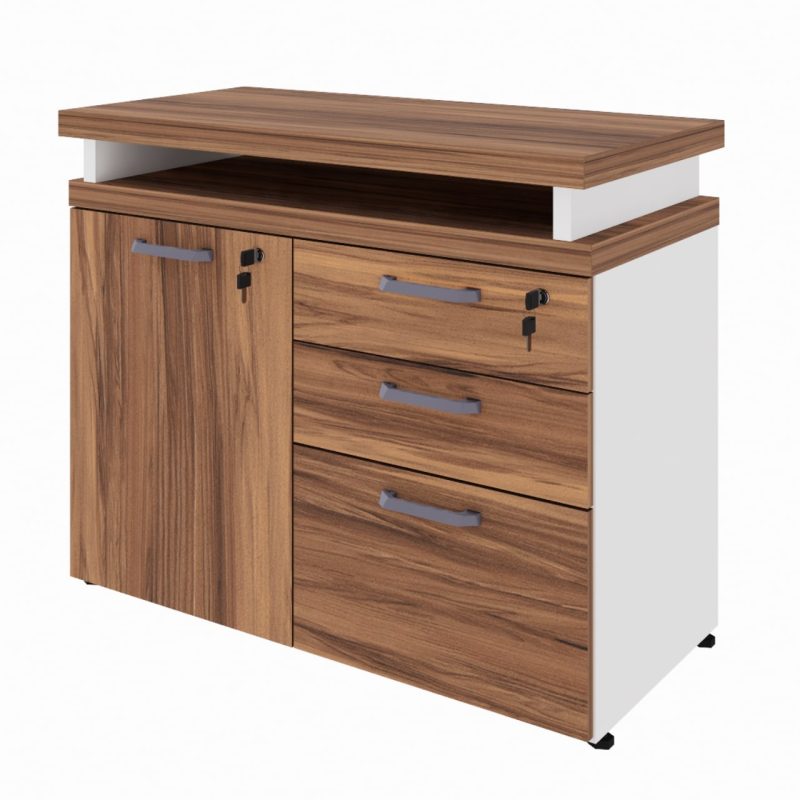 Armário Baixo 03 Gavetas e Porta (MISTO) – NOGAL SEVILHA/BRANCO – 34422 Móveis Única Linha 40 mm Nogal – Branco 2