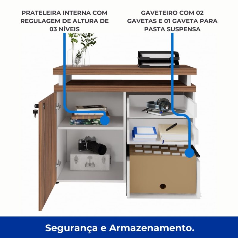 Armário Baixo 03 Gavetas e Porta (MISTO) – NOGAL SEVILHA/BRANCO – 34422 Móveis Única Linha 40 mm Nogal – Branco 3