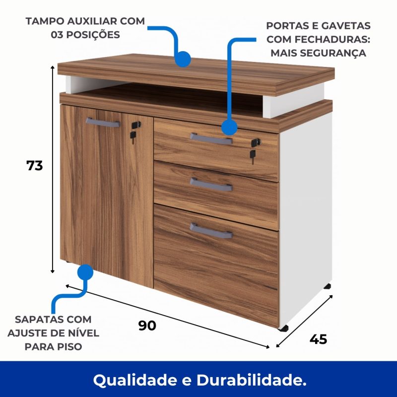 Armário Baixo 03 Gavetas e Porta (MISTO) – NOGAL SEVILHA/BRANCO – 34422 Móveis Única Linha 40 mm Nogal – Branco 9