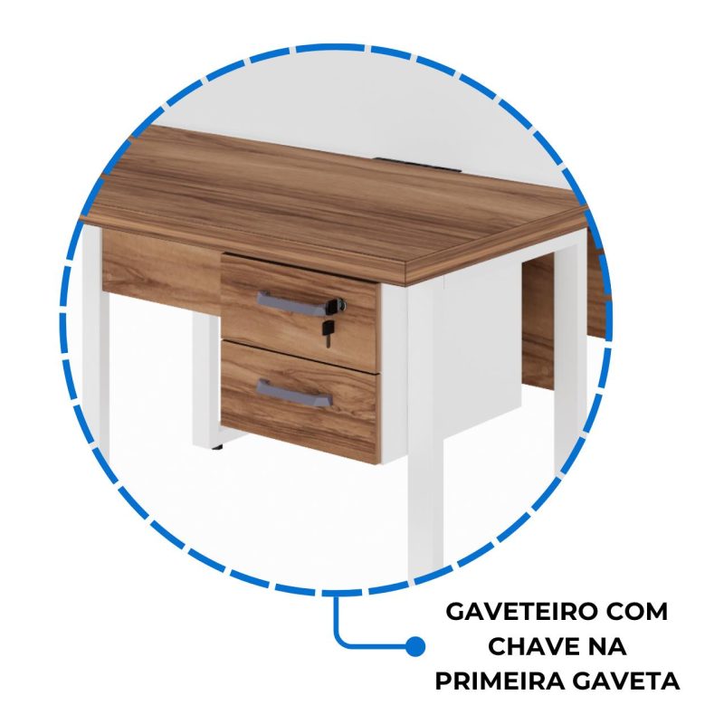 Estação de Trabalho Dupla 1,20×1,35m c/ 02 Gavetas c/ ponto de tomada PÉ QUADRO – Cor Nogal Sevilha/Branco – 34423 Móveis Única Linha 40 mm Nogal – Branco 9
