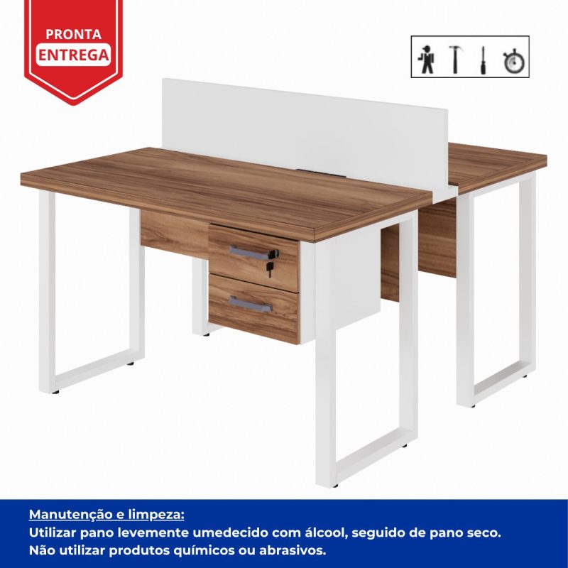 Estação de Trabalho Dupla 1,20×1,35m c/ 02 Gavetas c/ ponto de tomada PÉ QUADRO – Cor Nogal Sevilha/Branco – 34423 Móveis Única Linha 40 mm Nogal – Branco 8