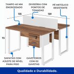 Estação de Trabalho Dupla 1,20×1,35m c/ 02 Gavetas c/ ponto de tomada PÉ QUADRO – Cor Nogal Sevilha/Branco – 34423 Móveis Única Linha 40 mm Nogal – Branco 15