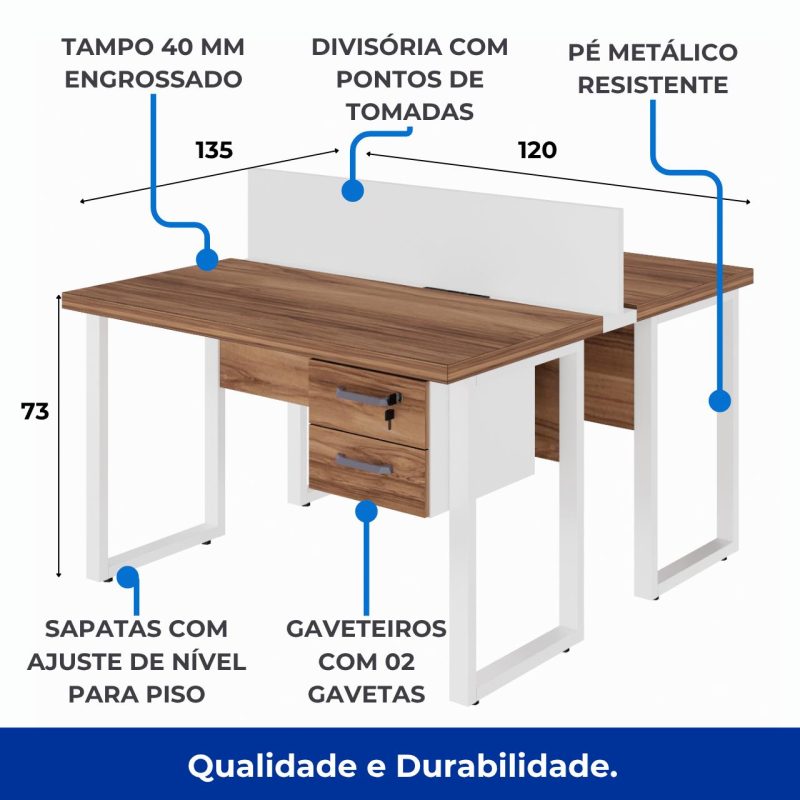 Estação de Trabalho Dupla 1,20×1,35m c/ 02 Gavetas c/ ponto de tomada PÉ QUADRO – Cor Nogal Sevilha/Branco – 34423 Móveis Única Linha 40 mm Nogal – Branco 7