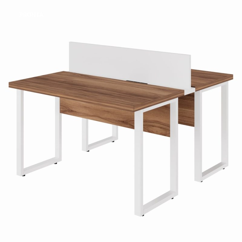 Estação de Trabalho Dupla 1,20×1,35m sem Gavetas c/ ponto de tomada PÉ QUADRO – Cor Nogal Sevilha/Branco – 34424 Móveis Única Linha 40 mm Nogal – Branco 2