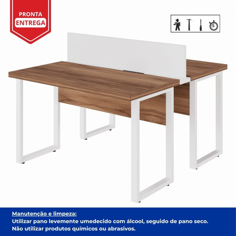 Estação de Trabalho Dupla 1,20×1,35m sem Gavetas c/ ponto de tomada PÉ QUADRO – Cor Nogal Sevilha/Branco – 34424 Móveis Única Linha 40 mm Nogal – Branco 6