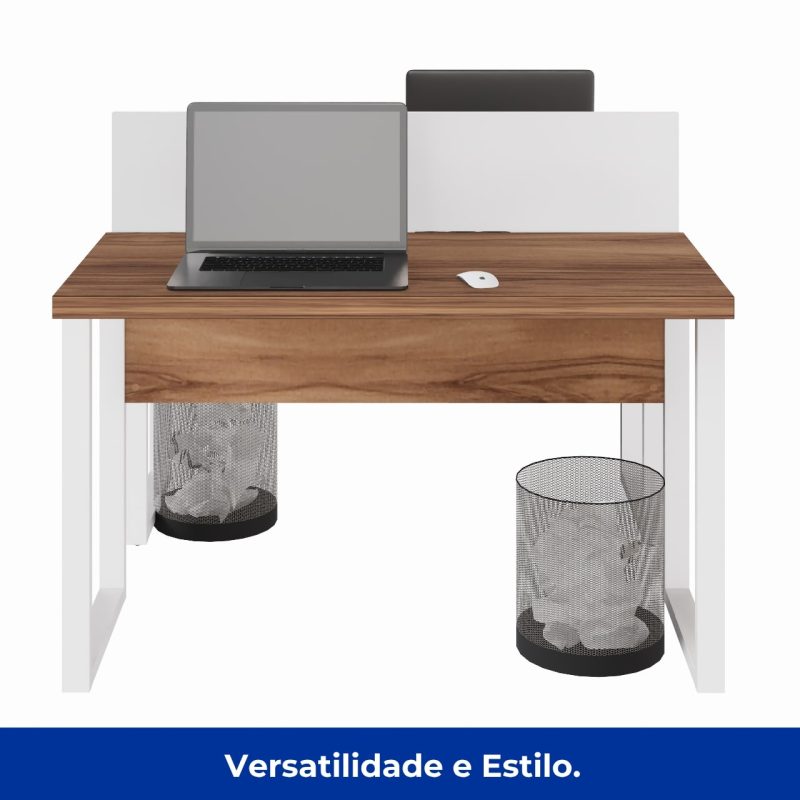 Estação de Trabalho Dupla 1,20×1,35m sem Gavetas c/ ponto de tomada PÉ QUADRO – Cor Nogal Sevilha/Branco – 34424 Móveis Única Linha 40 mm Nogal – Branco 8