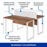 Estação de Trabalho Dupla 1,20×1,35m sem Gavetas c/ ponto de tomada PÉ QUADRO – Cor Nogal Sevilha/Branco – 34424 Móveis Única Linha 40 mm Nogal – Branco 12