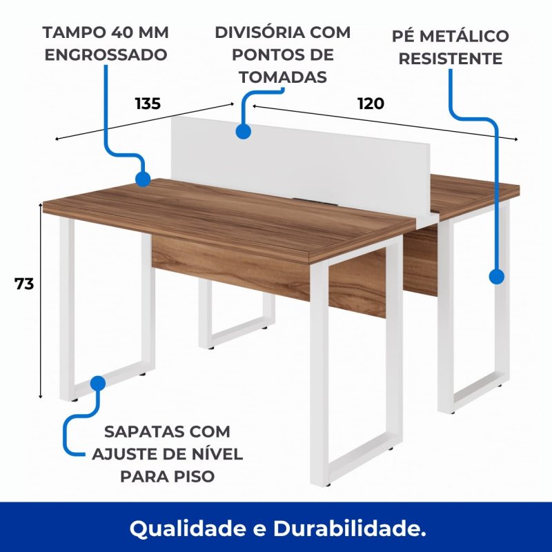 Estação de Trabalho Dupla 1,20×1,35m sem Gavetas c/ ponto de tomada PÉ QUADRO – Cor Nogal Sevilha/Branco – 34424 Móveis Única Linha 40 mm Nogal – Branco 4