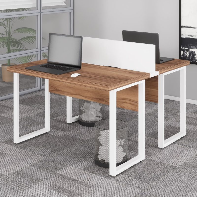 Estação de Trabalho Dupla 1,20×1,35m sem Gavetas c/ ponto de tomada PÉ QUADRO – Cor Nogal Sevilha/Branco – 34424 Móveis Única Linha 40 mm Nogal – Branco 9