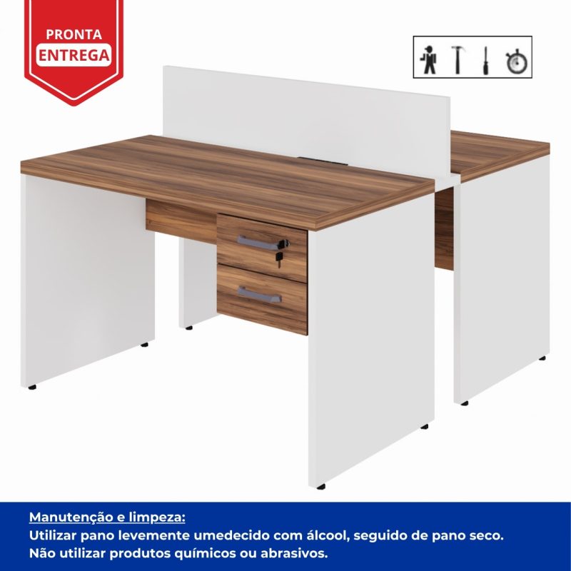 Estação de Trabalho Dupla 1,20×1,35m 02 Lugares c/ Gavetas c/ ponto de tomada PÉ PAINEL – Nogal Sevilha/Branco – 34427 Móveis Única Linha 40 mm Nogal – Branco 4