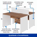 Estação de Trabalho Dupla 1,20×1,35m 02 Lugares c/ Gavetas c/ ponto de tomada PÉ PAINEL – Nogal Sevilha/Branco – 34427 Móveis Única Linha 40 mm Nogal – Branco 19