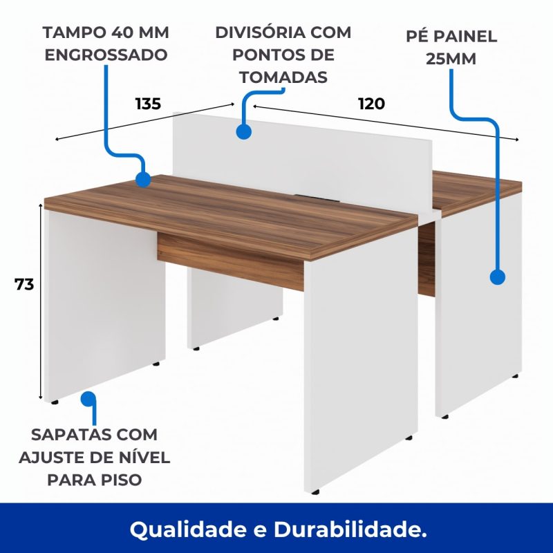 Estação de Trabalho Dupla 1,20×1,35m 02 Lugares sem Gavetas c/ ponto de tomada PÉ PAINEL – Nogal Sevilha/Branco – 34428 Móveis Única Linha 40 mm Nogal – Branco 9