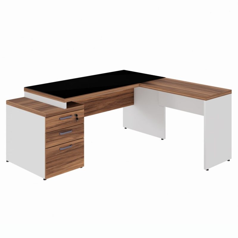 Mesa para Escritório em “L” com VIDRO FUMÊ – 1,92X1,60M NOGAL SEVILHA/BRANCO – 34432 Móveis Única Linha 40 mm Nogal – Branco 2