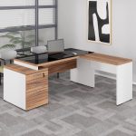 Mesa para Escritório em “L” com VIDRO FUMÊ – 1,92X1,60M NOGAL SEVILHA/BRANCO – 34432 Móveis Única Linha 40 mm Nogal – Branco 20