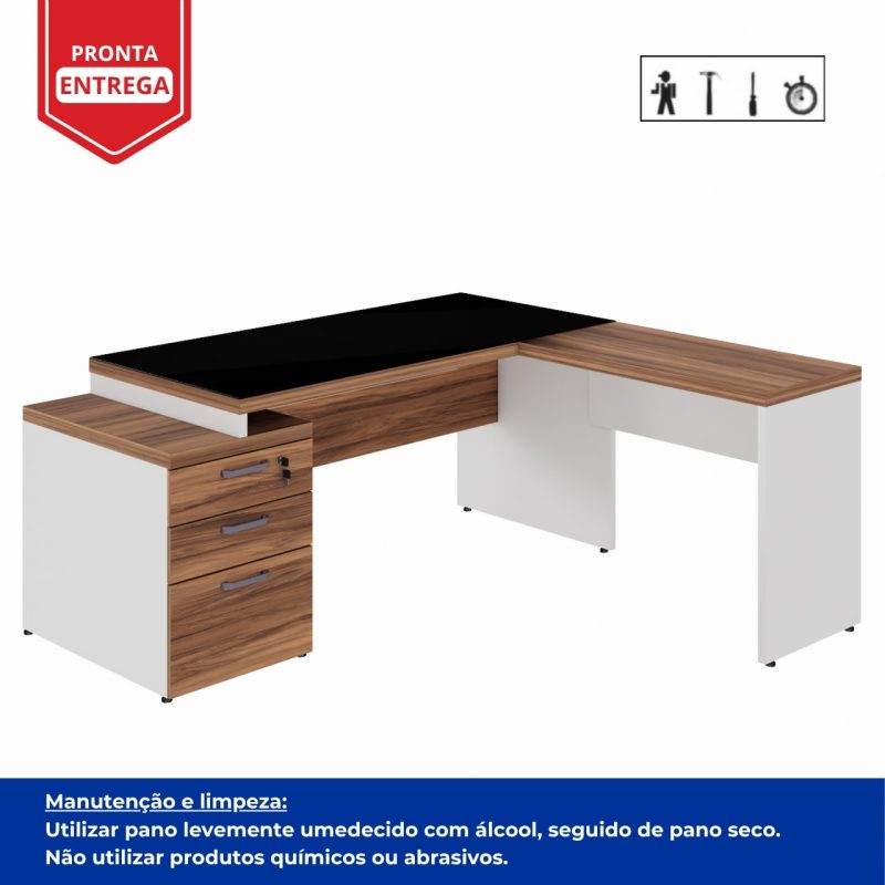 Mesa para Escritório em “L” com VIDRO FUMÊ – 1,92X1,60M NOGAL SEVILHA/BRANCO – 34432 Móveis Única Linha 40 mm Nogal – Branco 4