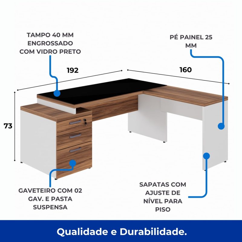 Mesa para Escritório em “L” com VIDRO FUMÊ – 1,92X1,60M NOGAL SEVILHA/BRANCO – 34432 Móveis Única Linha 40 mm Nogal – Branco 3