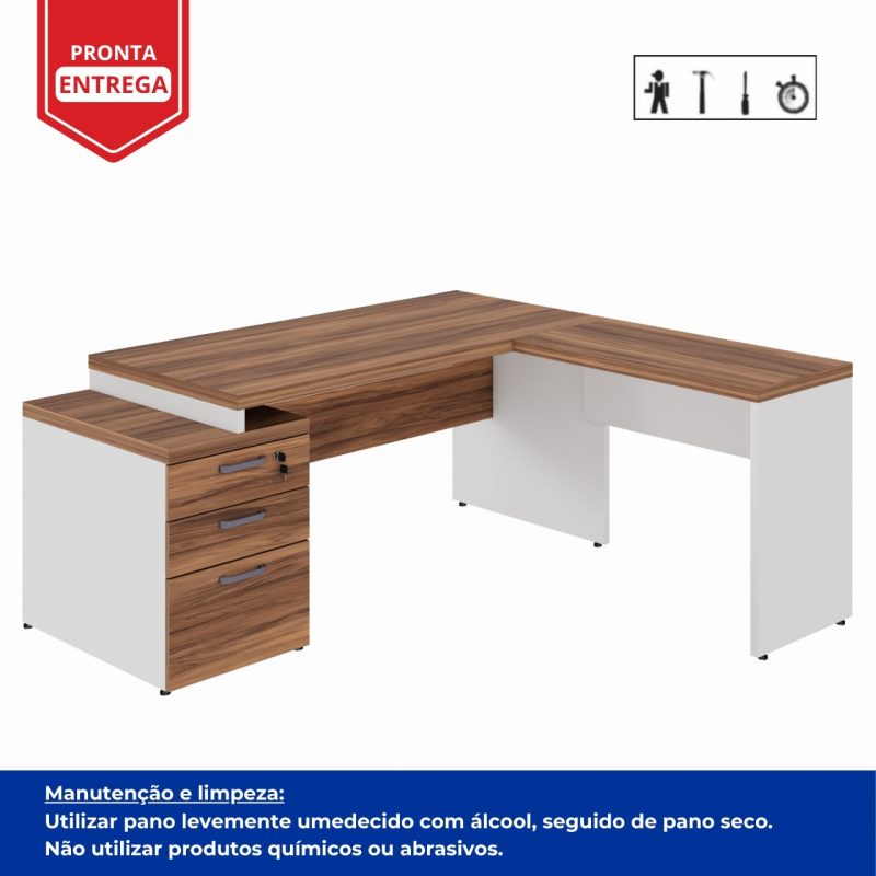 Mesa para Escritório em “L” com Gavetão – 1,92X1,60m -NOGAL SEVILHA/BRANCO – 34431 Móveis Única Linha 40 mm Nogal – Branco 4