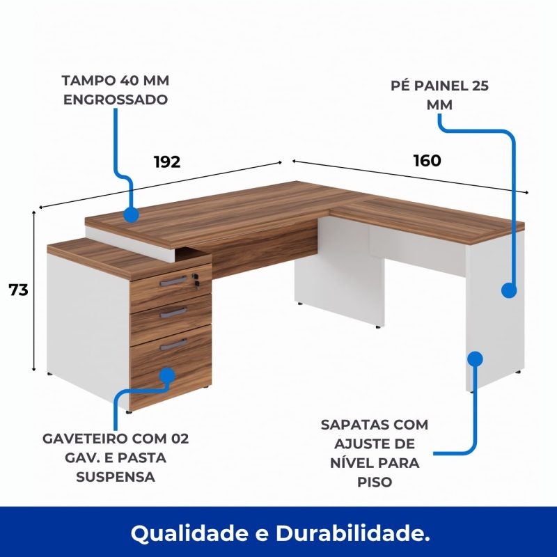 Mesa para Escritório em “L” com Gavetão – 1,92X1,60m -NOGAL SEVILHA/BRANCO – 34431 Móveis Única Linha 40 mm Nogal – Branco 3