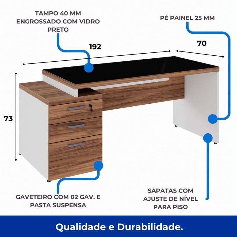 Mesa para Escritório com VIDRO FUMÊ – 1,92×0,70m – NOGAL SEVILHA/BRANCO – 34430 Móveis Única Linha 40 mm Nogal – Branco 3