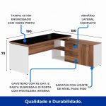 Mesa Diretorzinha c/ Aparador e Vidro Fumê – Pé de MADEIRA – 1,90×1,50m – NOGAL SEVILHA / BRANCO – 34429 Móveis Única Linha 40 mm Nogal – Branco 11