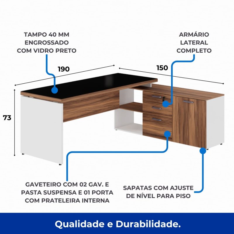 Mesa Diretorzinha c/ Aparador e Vidro Fumê – Pé de MADEIRA – 1,90×1,50m – NOGAL SEVILHA / BRANCO – 34429 Móveis Única Linha 40 mm Nogal – Branco 3