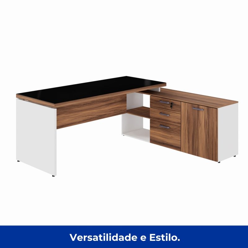 Mesa Diretorzinha c/ Aparador e Vidro Fumê – Pé de MADEIRA – 1,90×1,50m – NOGAL SEVILHA / BRANCO – 34429 Móveis Única Linha 40 mm Nogal – Branco 7