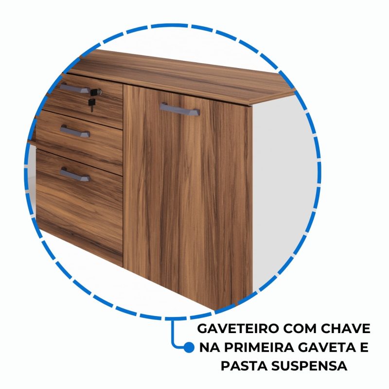 Mesa Diretorzinha c/ Aparador e Vidro Fumê – Pé de MADEIRA – 1,90×1,50m – NOGAL SEVILHA / BRANCO – 34429 Móveis Única Linha 40 mm Nogal – Branco 9