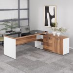 Mesa Diretorzinha c/ Aparador e Vidro Fumê – Pé de MADEIRA – 1,90×1,50m – NOGAL SEVILHA / BRANCO – 34429 Móveis Única Linha 40 mm Nogal – Branco 18