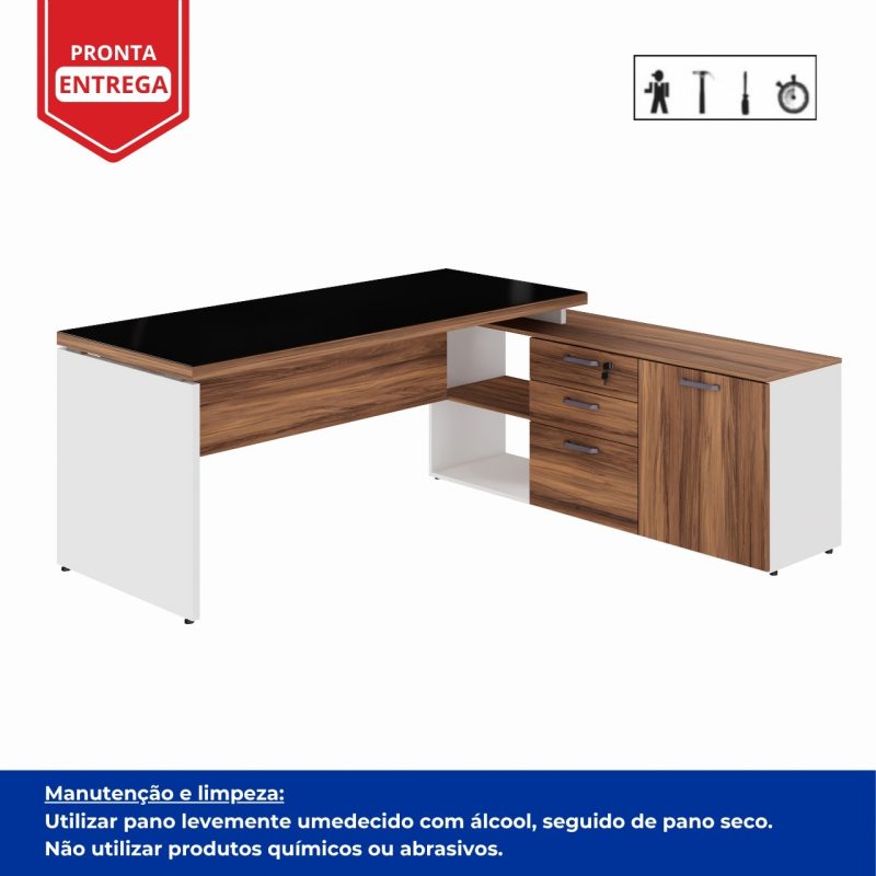 Mesa Diretorzinha c/ Aparador e Vidro Fumê – Pé de MADEIRA – 1,90×1,50m – NOGAL SEVILHA / BRANCO – 34429 Móveis Única Linha 40 mm Nogal – Branco 5